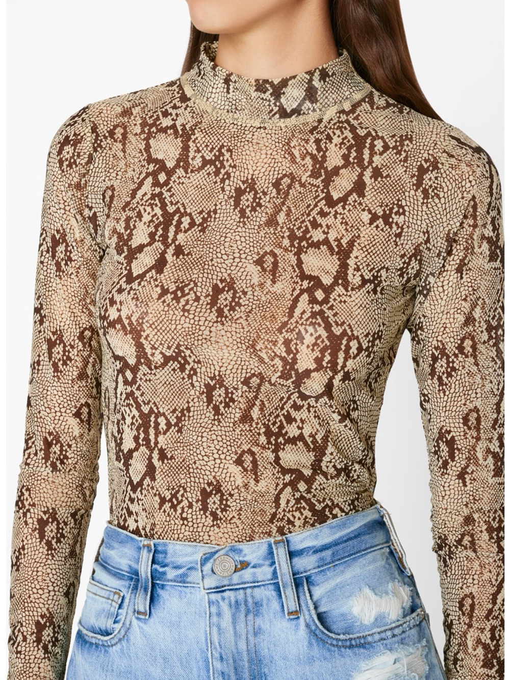 FRAME Snakeskin Print Mesh Mock Neck Top Medium NWT $158 - Picture 2 of 4